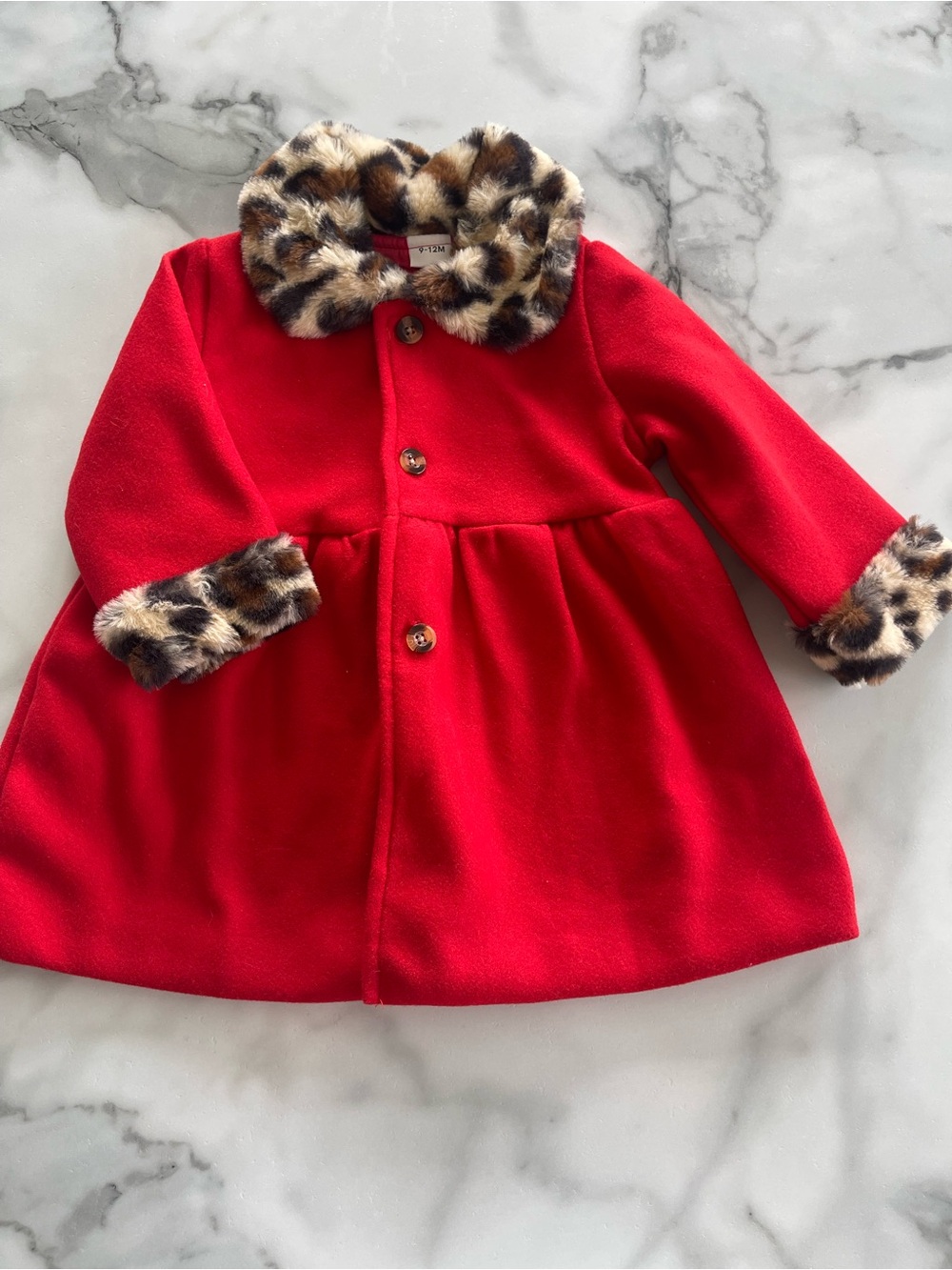Red Toddler Coat with Leopard Faux Fur Trim